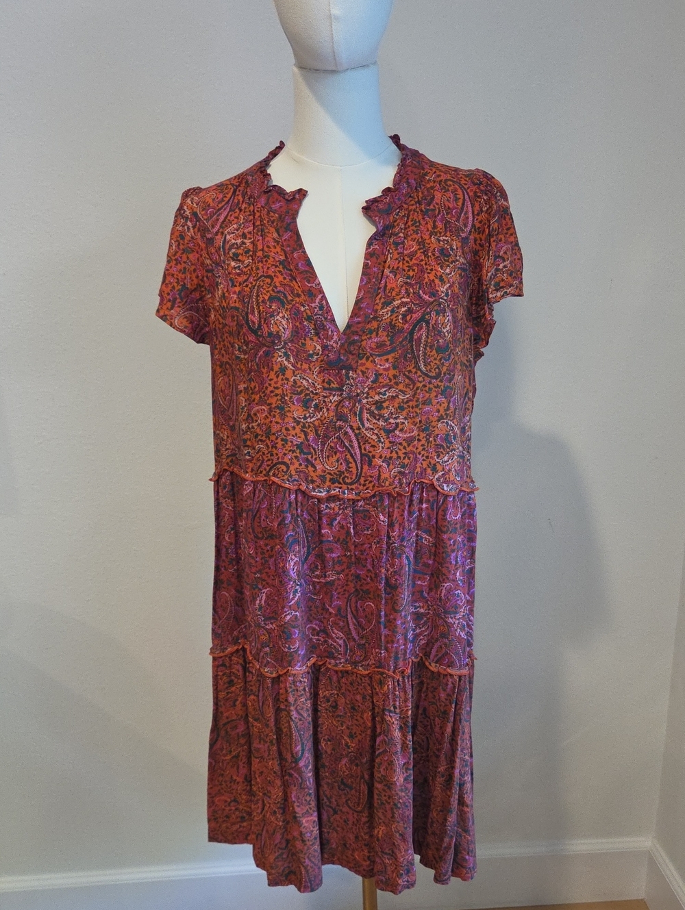 Anthropologie Pink Paisley Ruffled V-Neck Tiered Mini Dress
